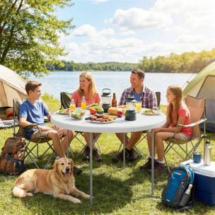 Mesa Plegable Camping, 120x120x74 cm, Mesa Plegable Portátil Ligera con Encimera de HDPE, Almohadillas Antideslizantes, Marco Metálico, para Acampar, Senderismo, Playa, Blanco