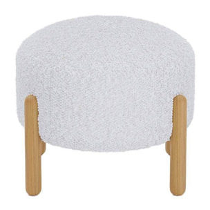 Pouf laine bouclée blanche & bois