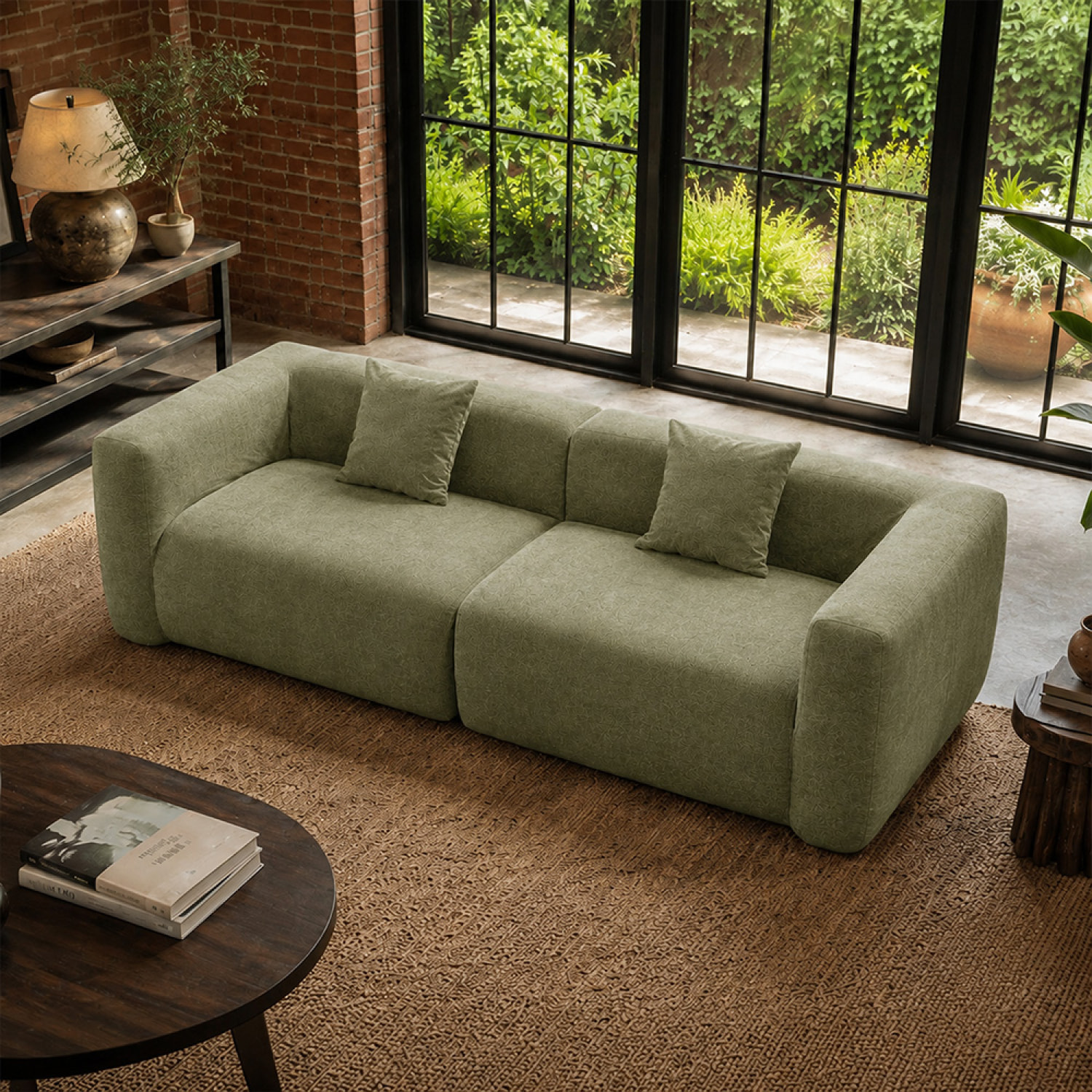 Canapé compressé 4 places en tissu effet laine texturée vert JUMBO
