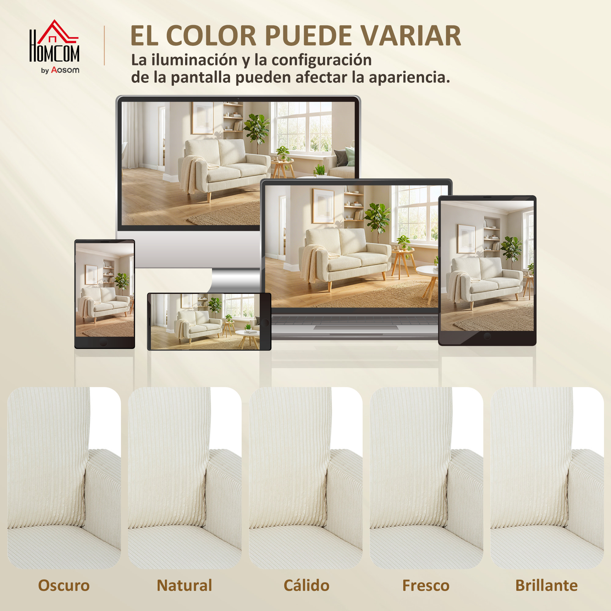 Sofá de 2 Plazas, Tapizado en Pana, Sofá Moderno con Acolchado y Respaldo Grueso, Cojines de Resortes, Patas de Madera, para Dormitorio, Oficina, Sala de Estar, 134x74x84 cm, Blanco Crema