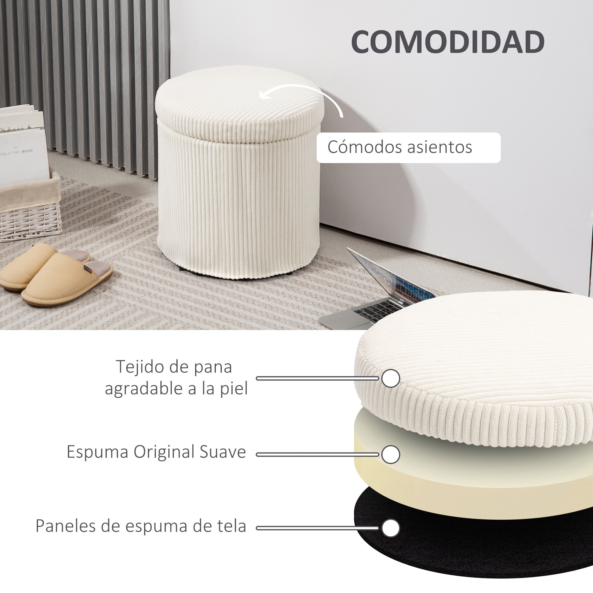 Puff Almacenaje Baúl de Almacenaje Redondo Tapizado en Pana Asiento Acolchado Tapa Extraíble para Pasillo Dormitorio Salón Ø40x41 cm Beige