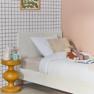 Lit avec sommier à lattes et tête de lit. L 202 x P 96 x H 88cm. blanc. finition velours côtelé (grosse côte)