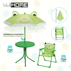 Well Home Conjunto jardín niños 4 piezas (mesa + 2 sillas + paraguas) diseño Rana, plegable y ligero