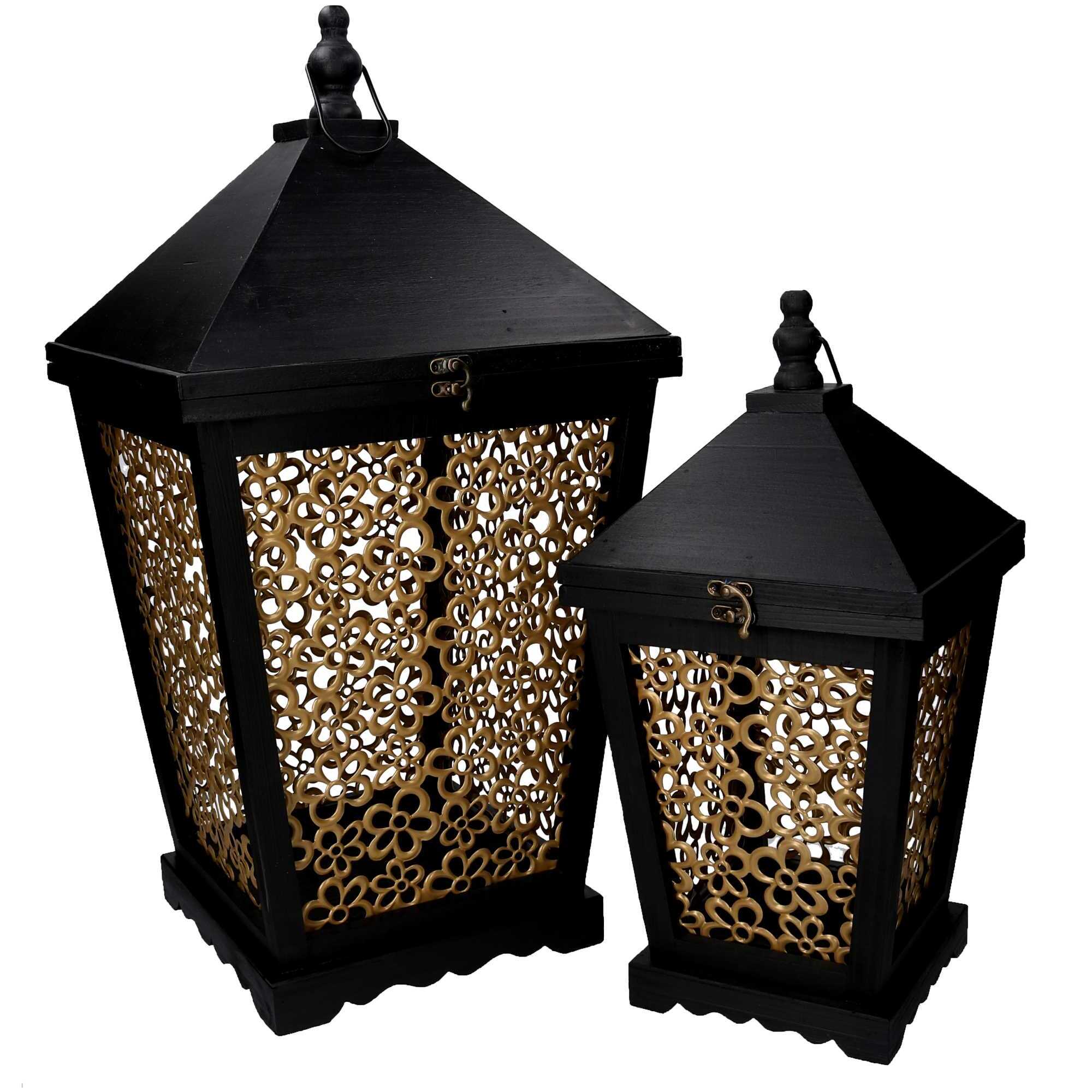 Set di 2 lanterne in legno a fiori oro e nero