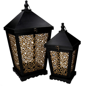 Set di 2 lanterne in legno a fiori oro e nero