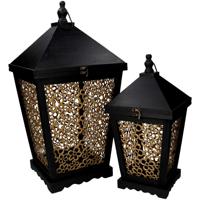 Set di 2 lanterne in legno a fiori oro e nero