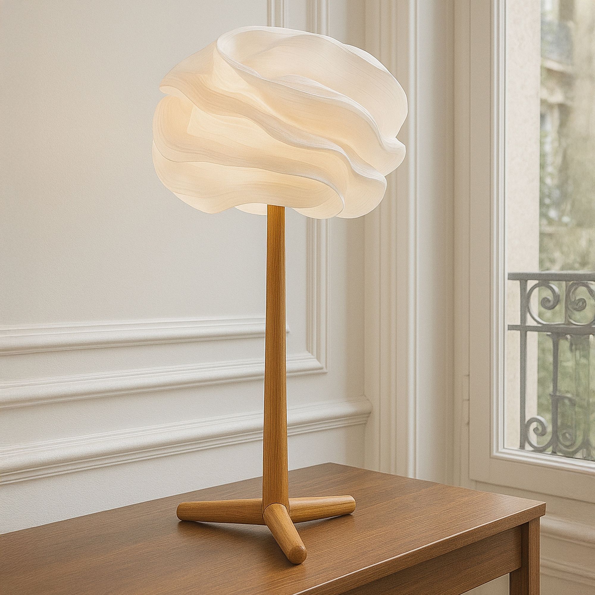 Lampe à poser en zipper ivoire pied en teck h94cm MEKAR