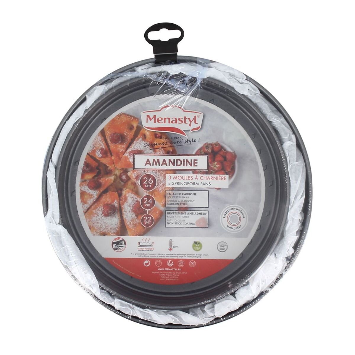 Lot 3 moules à charnières en acier carbone 22, 24 et 26cm AMANDINE