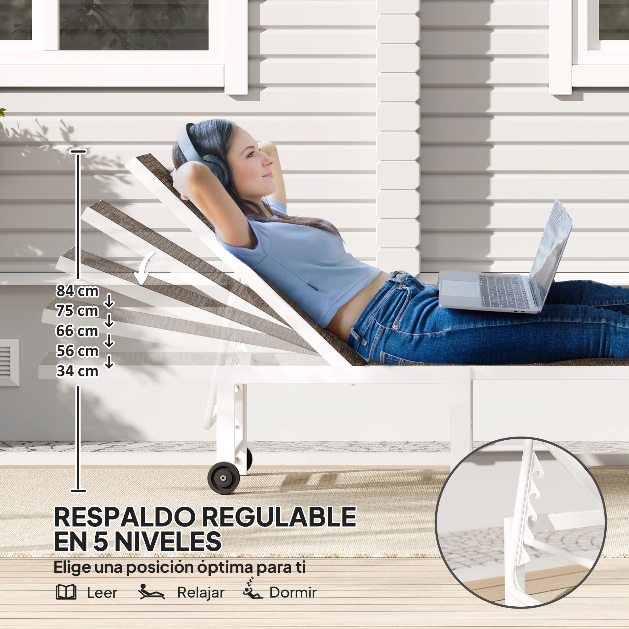 Tumbona Reclinable Tumbona Jardín Exterior con Ruedas Respaldo Ajustable en 5 Niveles y Estructura de Acero Carga 120 kg para Patio Terraza Balcón 166x60x84 cm Marrón