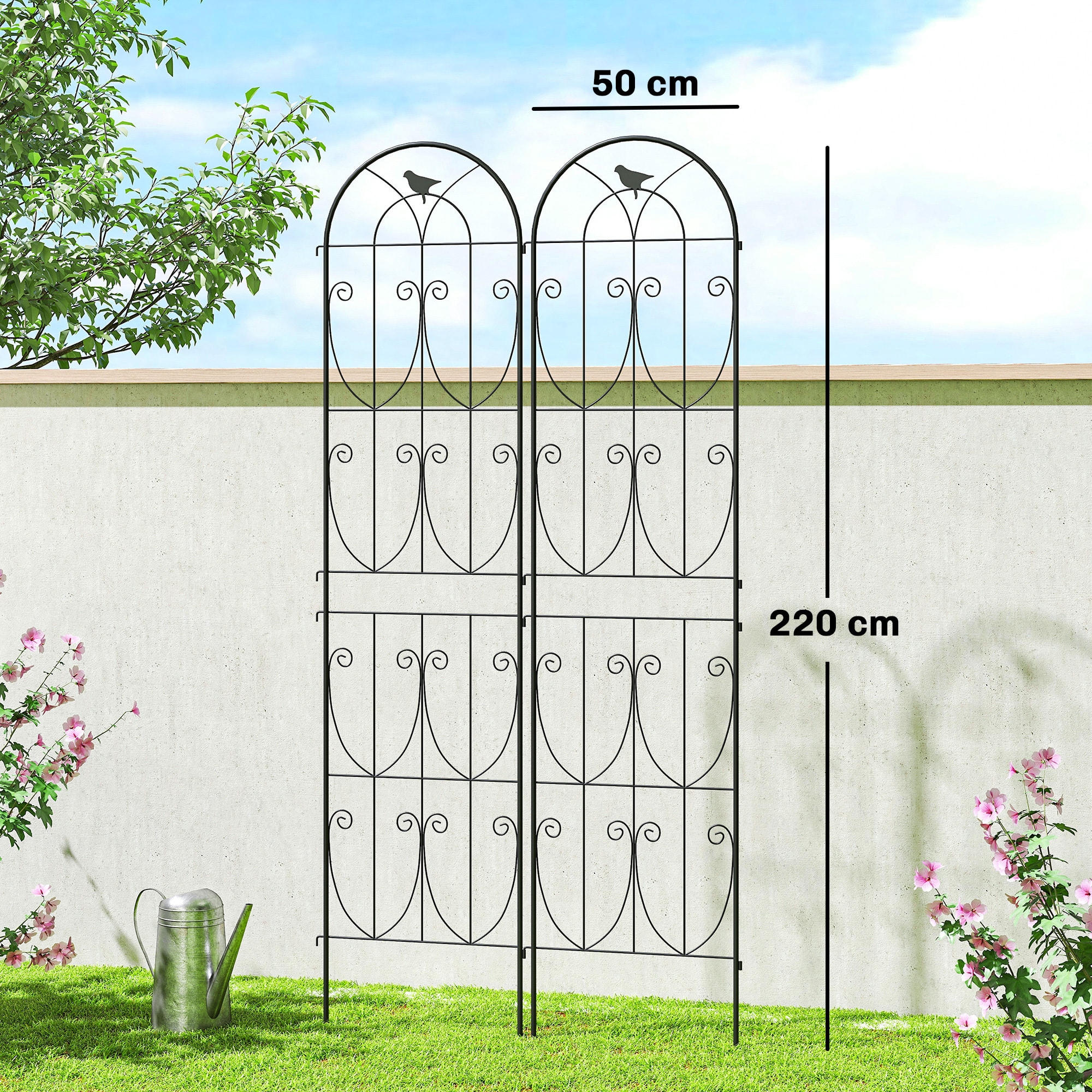 Treillis de jardin effet fer forgé oiseau - 2 supports plantes grimpantes - 50 x 220 cm - métal époxy noir