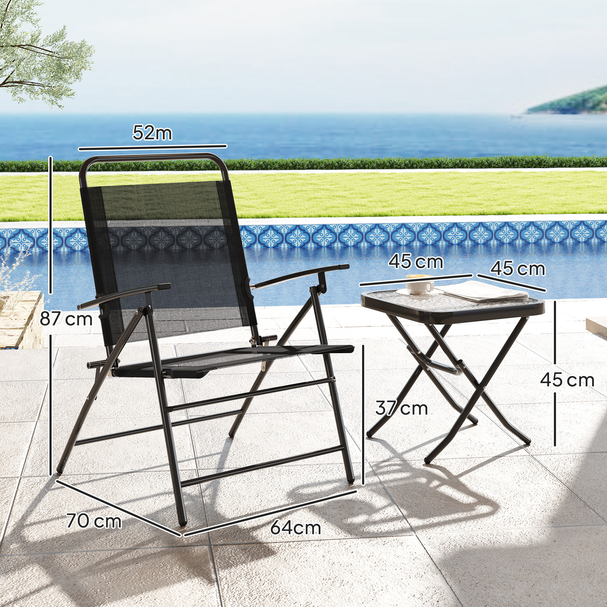 Conjunto de Mesa y Sillas de Terraza Exterior de 3 Piezas Muebles de Jardín Exterior Plegables con Respaldo Regulable Tablero de Vidrio y Estructura de Acero Negro