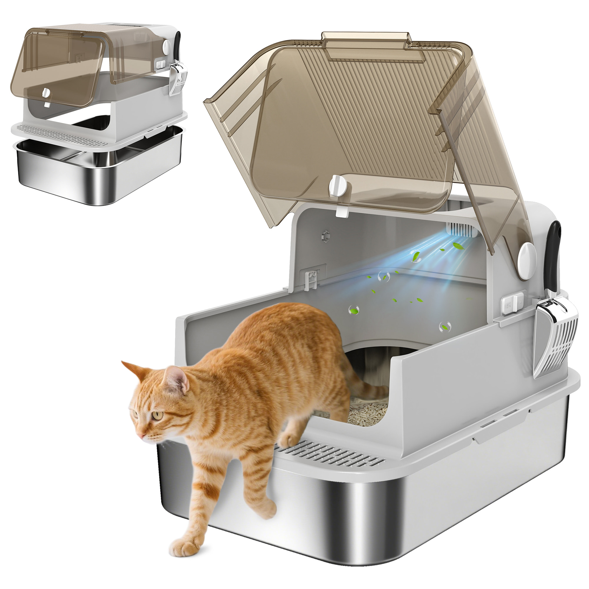Arenero para Gatos de Acero Inoxidable XXL, Caja de Arena para Gatos Grandes, Arenero con Tapa Abatible, Laterales Altos, Entrada Superior, Pala, sin Olores, Fácil de Limpiar, Antifugas, Gris
