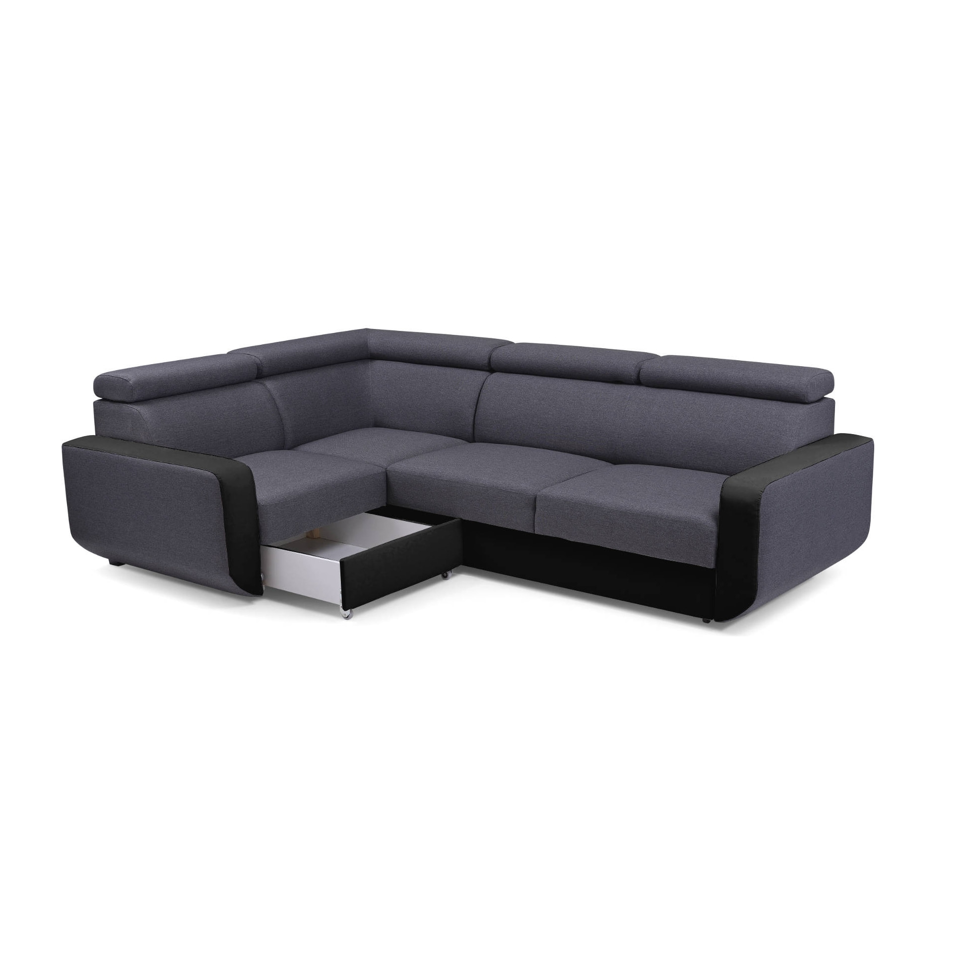 Dustin - Canapé d'angle L réversible - 5 places - Convertible avec coffre - Têtieres réglables - Noir / Gris