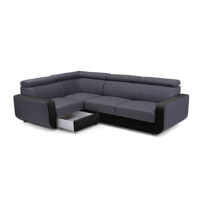 Dustin - Canapé d'angle L réversible - 5 places - Convertible avec coffre - Têtieres réglables - Noir / Gris