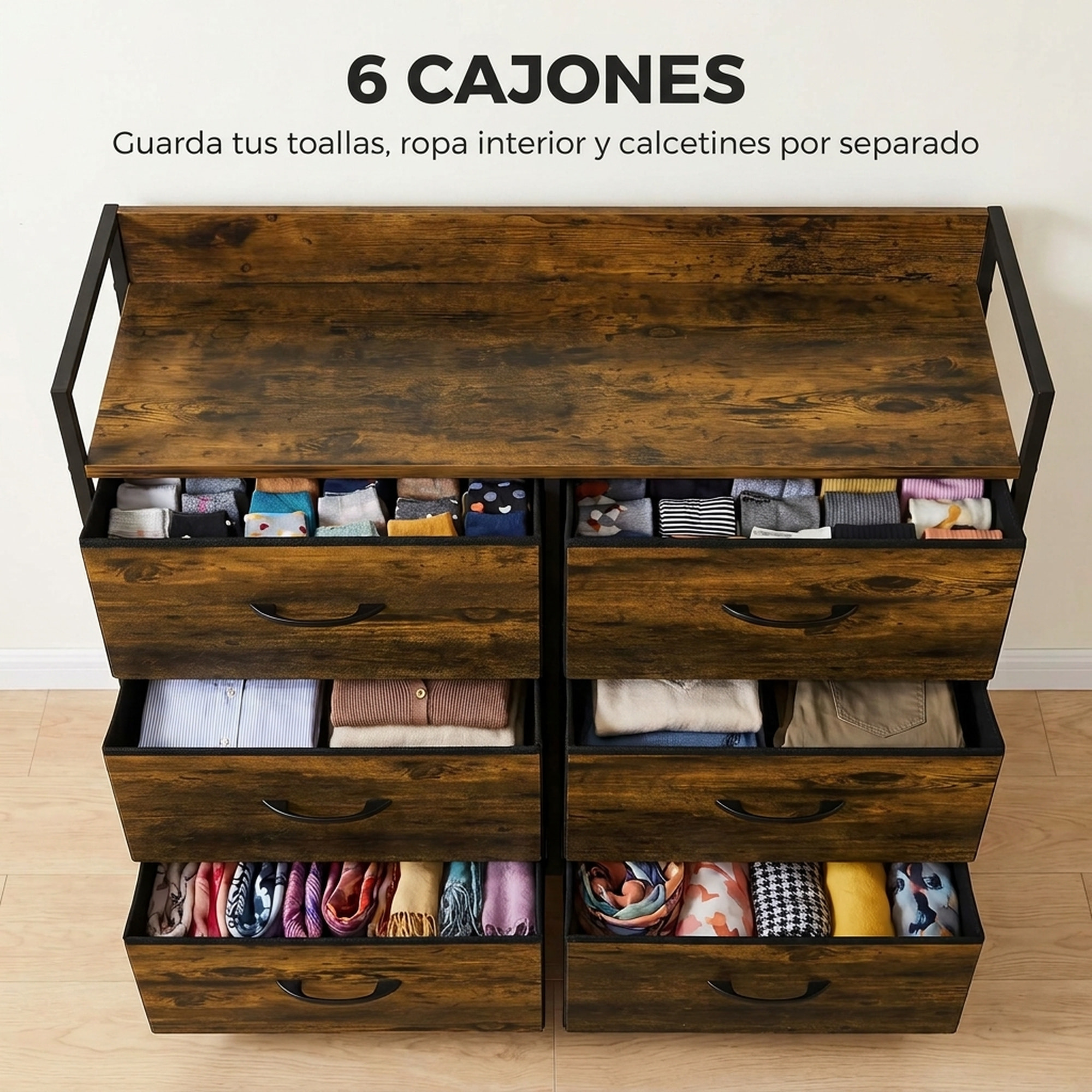Cómoda con 6 Cajones de Tela Plegables, Cómoda para Dormitorio Industrial con Estante Abierto, Marco de Acero, Cajonera para Espacios Pequeños, Sala de Estar, Vestidor, Baño, Marrón Rústico