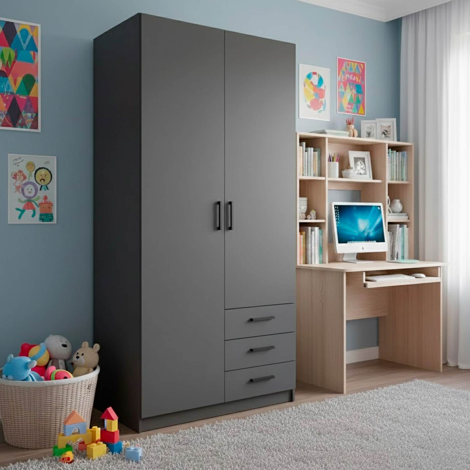 Armadio Con 2 Ante E 3 Cassetti Armadietto Multiuso Con Barra Appendiabiti E 4 Ripiani Di Cui 2 Regolabili Design 98.5x49.8x200.4 Cm Grigio Scuro