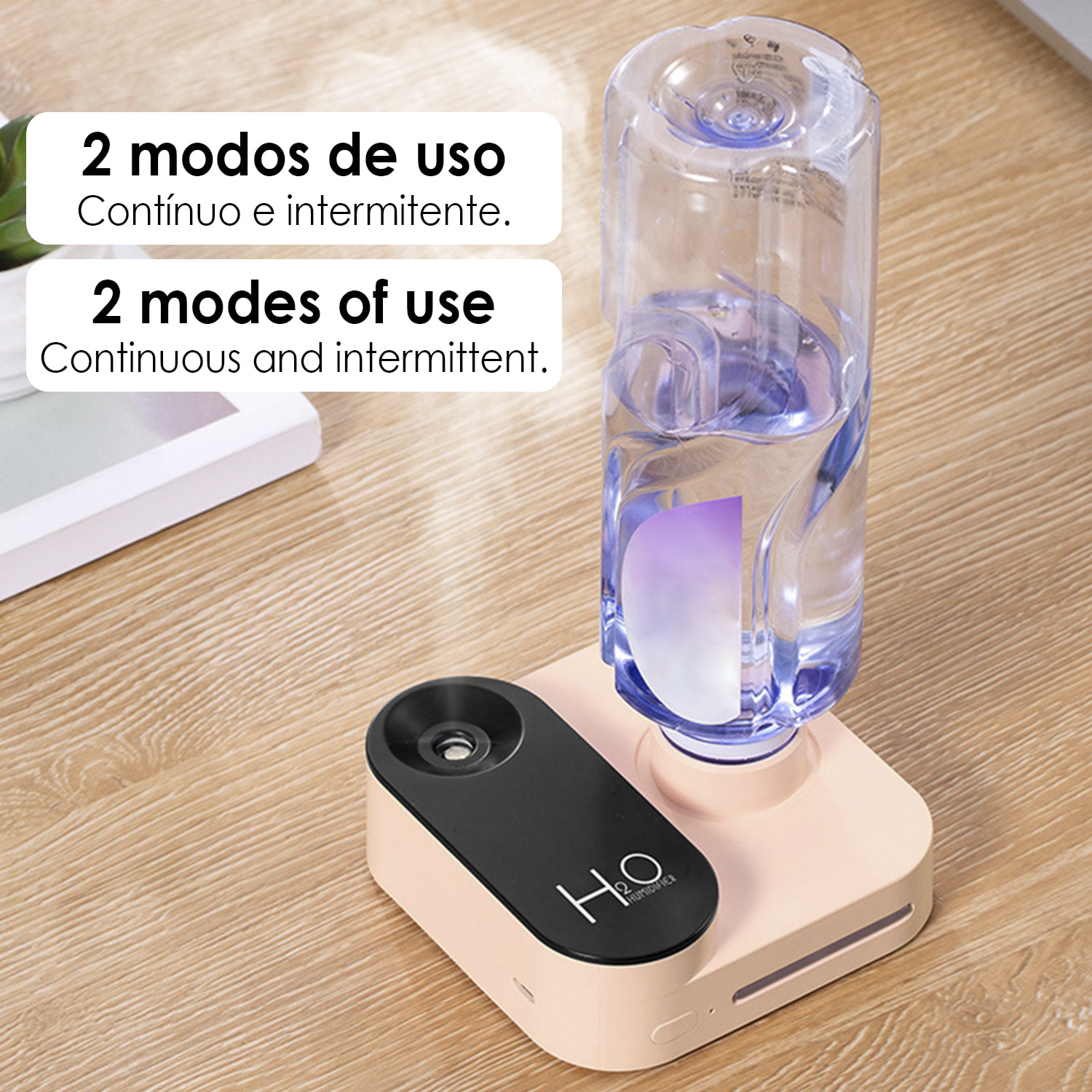 Umidificatore universale con adattatore per bottiglie d'acqua. Batteria ricaricabile incorporata. Adattatore con tappo a vite da 30 mm.