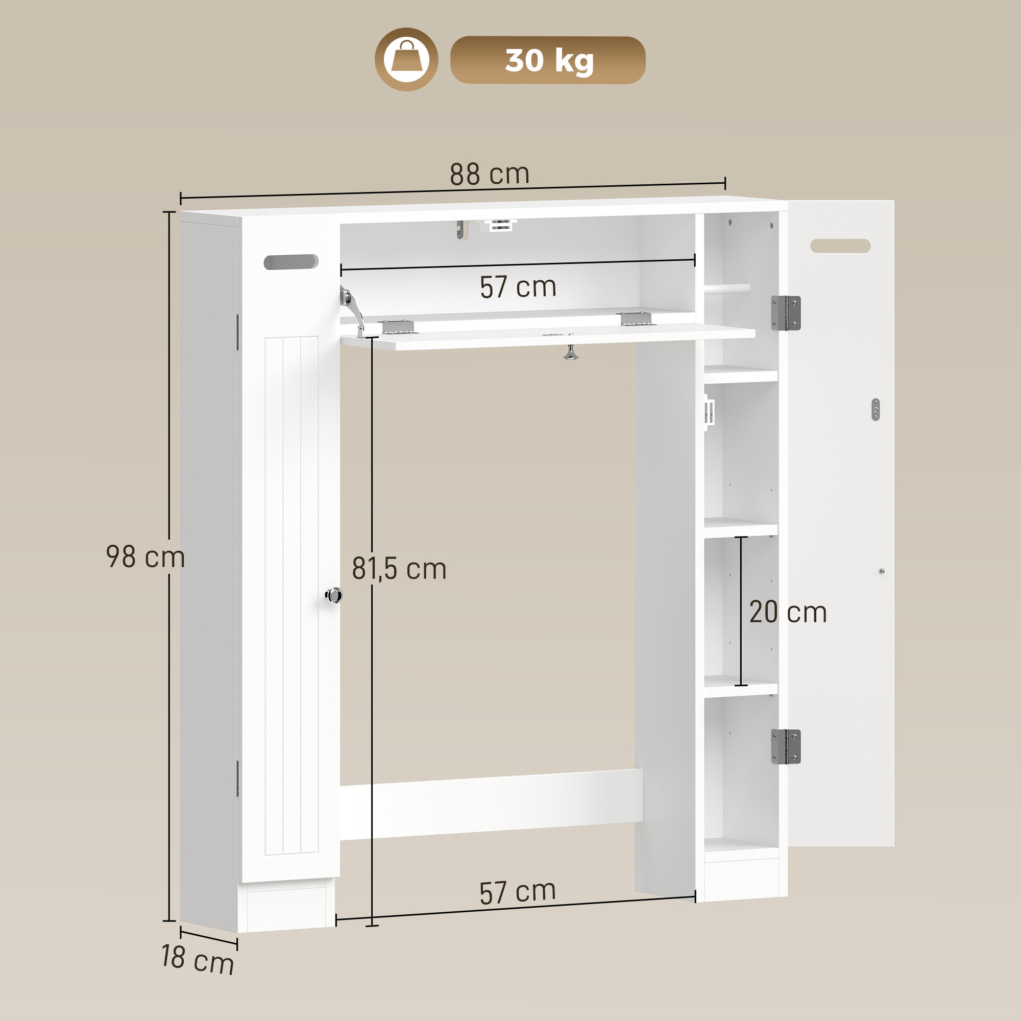 Mueble sobre Inodoro, Armario sobre Inodoro, Mueble de Baño con 2 Armarios Laterales, Cajón Abatible, Portapapeles, Estantes Ajustables, para Lavanderías, Espacios Pequeños, 88x18x98 cm, Blanco