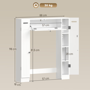 Mueble sobre Inodoro, Armario sobre Inodoro, Mueble de Baño con 2 Armarios Laterales, Cajón Abatible, Portapapeles, Estantes Ajustables, para Lavanderías, Espacios Pequeños, 88x18x98 cm, Blanco
