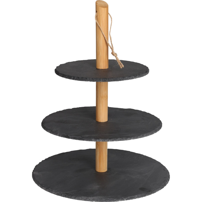 Torre de pizarra y madera de pino para presentación de comida