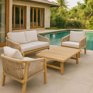 Salon de jardin en bois d'acacia et coussins beige 4 places SAONA