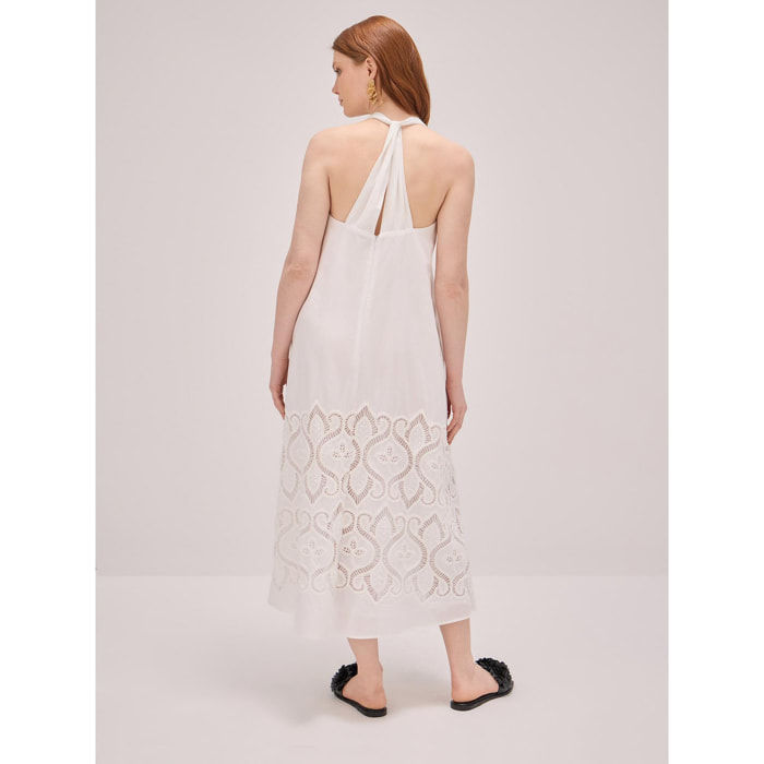 Oltre - Long cotton dress with crochet embroidery - Blanco