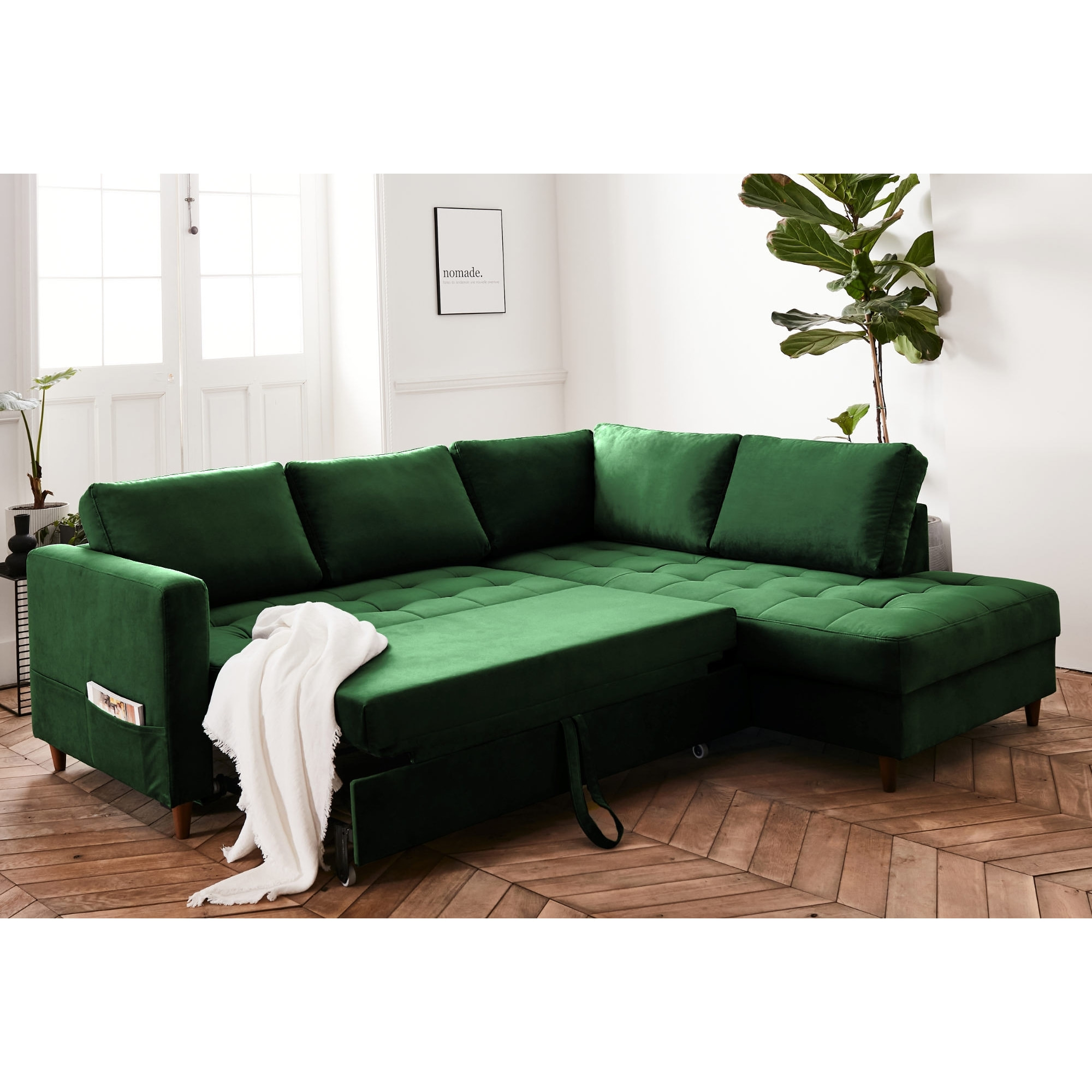 Anna - canapé d'angle droit - 5 places - convertible - en velours - Vert