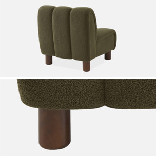 Fauteuil relax pieds arrondis en bois et tissu bouclette kaki foncé