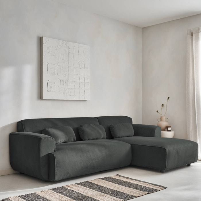 Canapé d'angle droit. 2 à 3 places. velours côtelé gris. Wallas L 196 x P 151 / 91 / x H 73cm