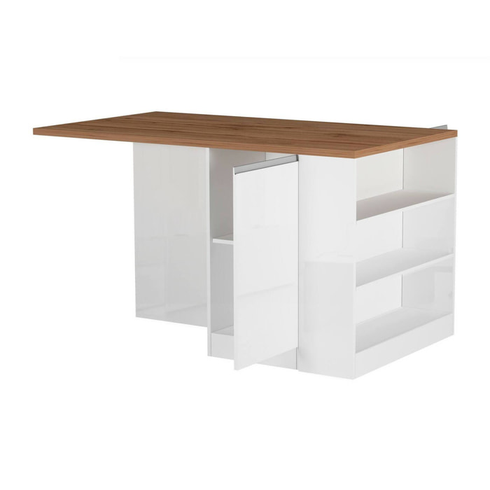 Isola da cucina Abern, Armadio multiuso, Mobile per cucinotto, Tavolo ausiliario, 100% Made in Italy, 160x90h90 cm, Bianco lucido e Rovere
