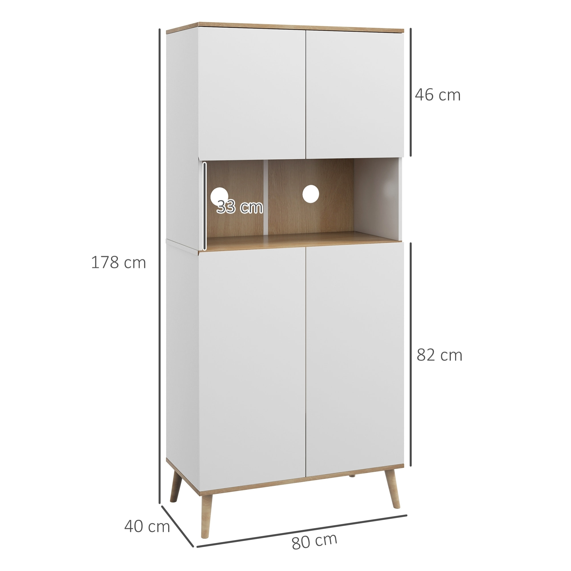 Buffet haut 4 portes 3 étagères réglables grande niche bois pin panneaux blanc aspect chêne clair