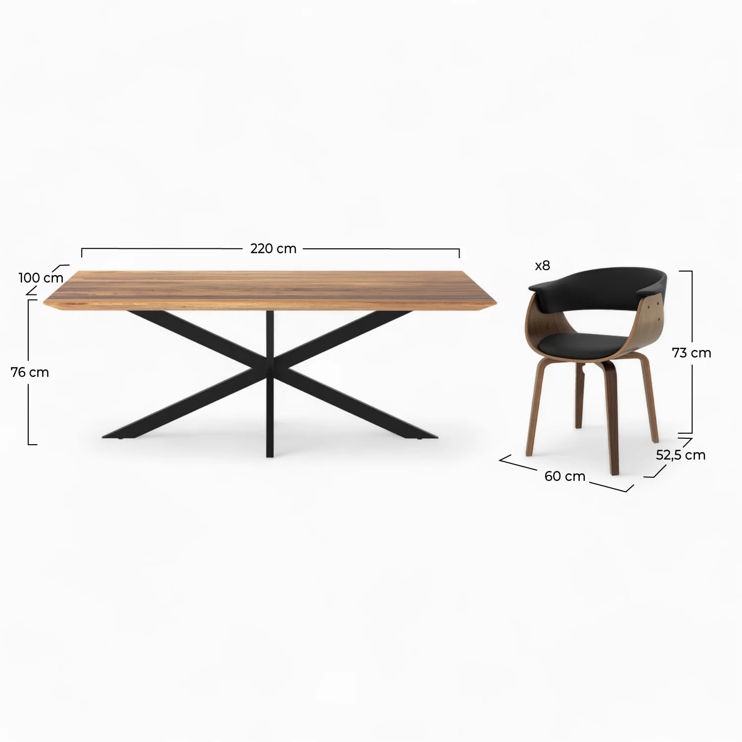 Table et chaises 8 personnes en cuir synthetique noir et bois - Piada