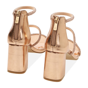 Sandalias laminadas de oro rosa, tacón de 7,5 cm