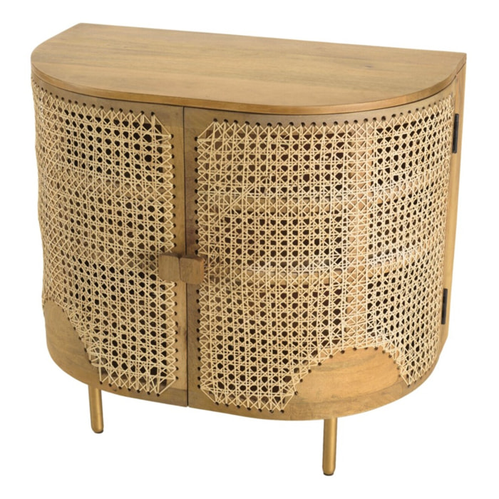ISA - Buffet marron 2 portes bois de manguier et cannage pieds métal doré