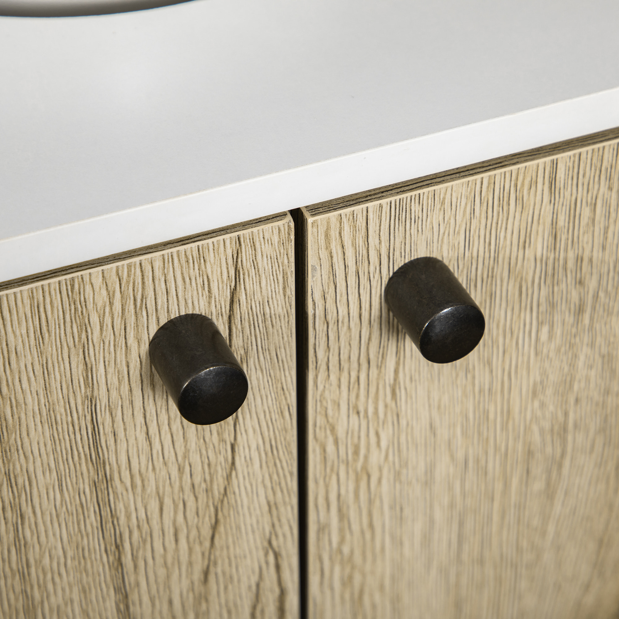 Meuble sous-vasque - 2 portes, étagère réglable - piètement épingle acier noir aspect bois clair blanc