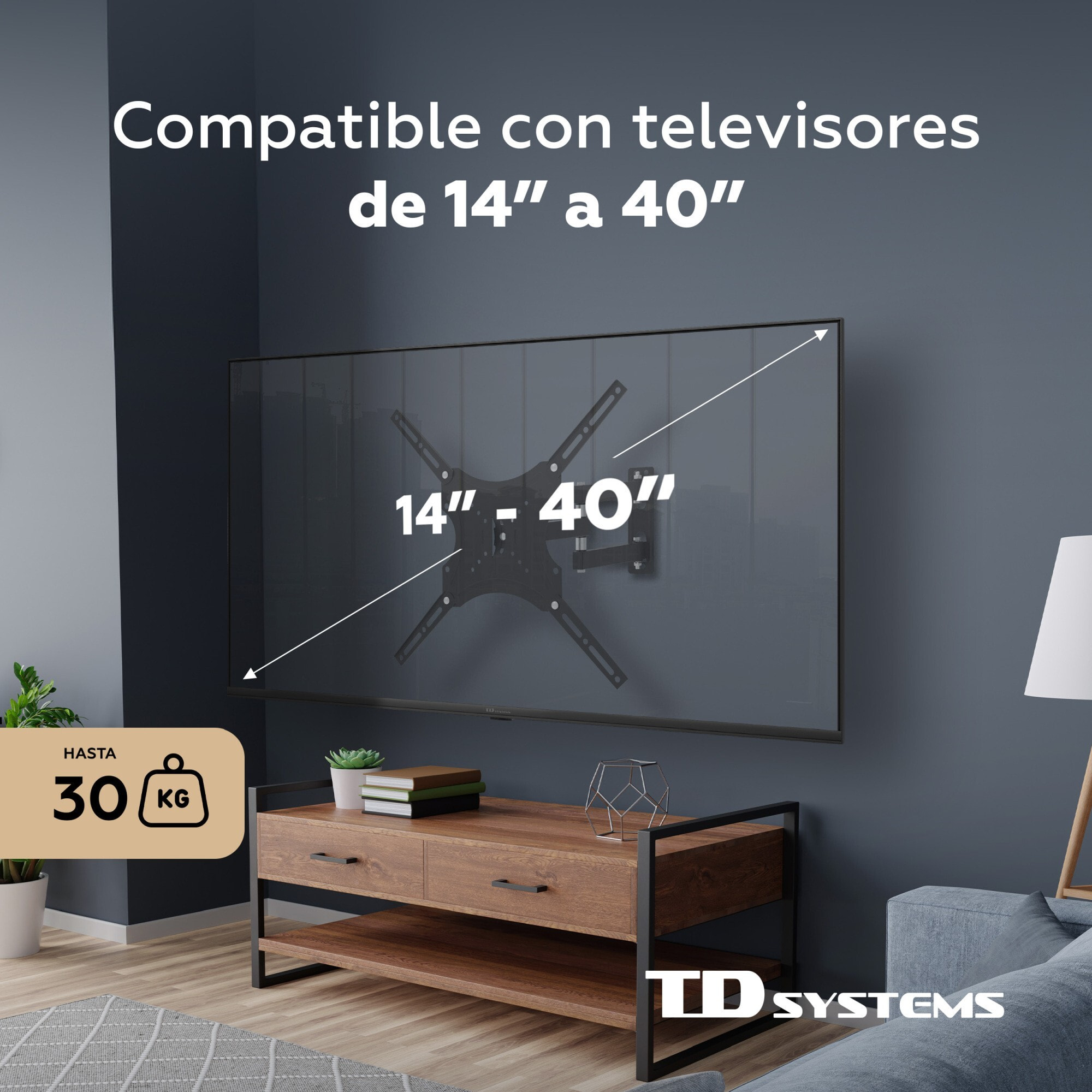 Soporte de TV pared articulado doble e inclinable de perfil bajo para pantallas de 14 a 40 pulgadas. VESA máximo de 400 x 400 mm - TD Systems P30X25A244