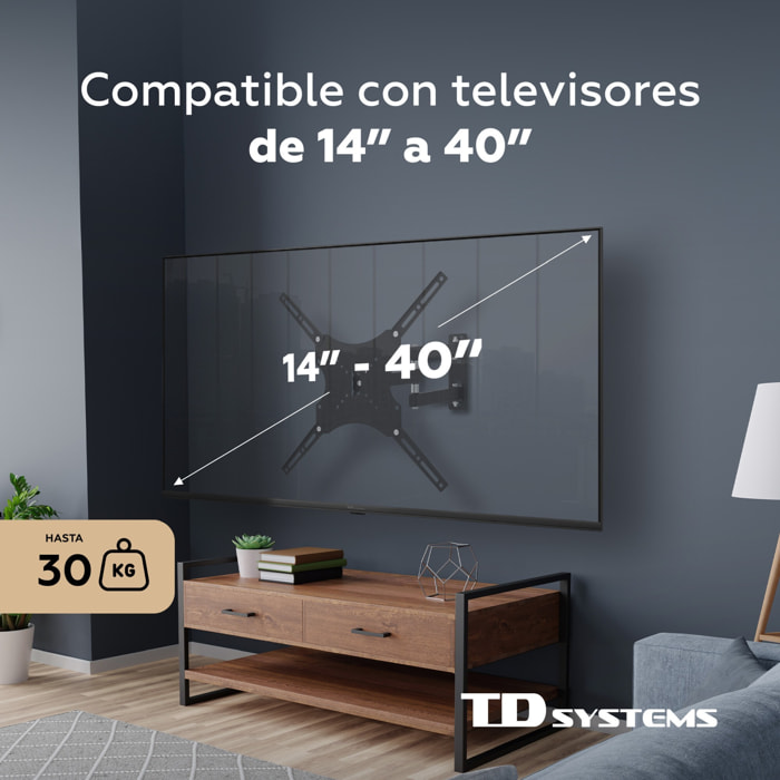 Soporte de TV pared articulado doble e inclinable de perfil bajo para pantallas de 14 a 40 pulgadas. VESA máximo de 400 x 400 mm - TD Systems P30X25A244
