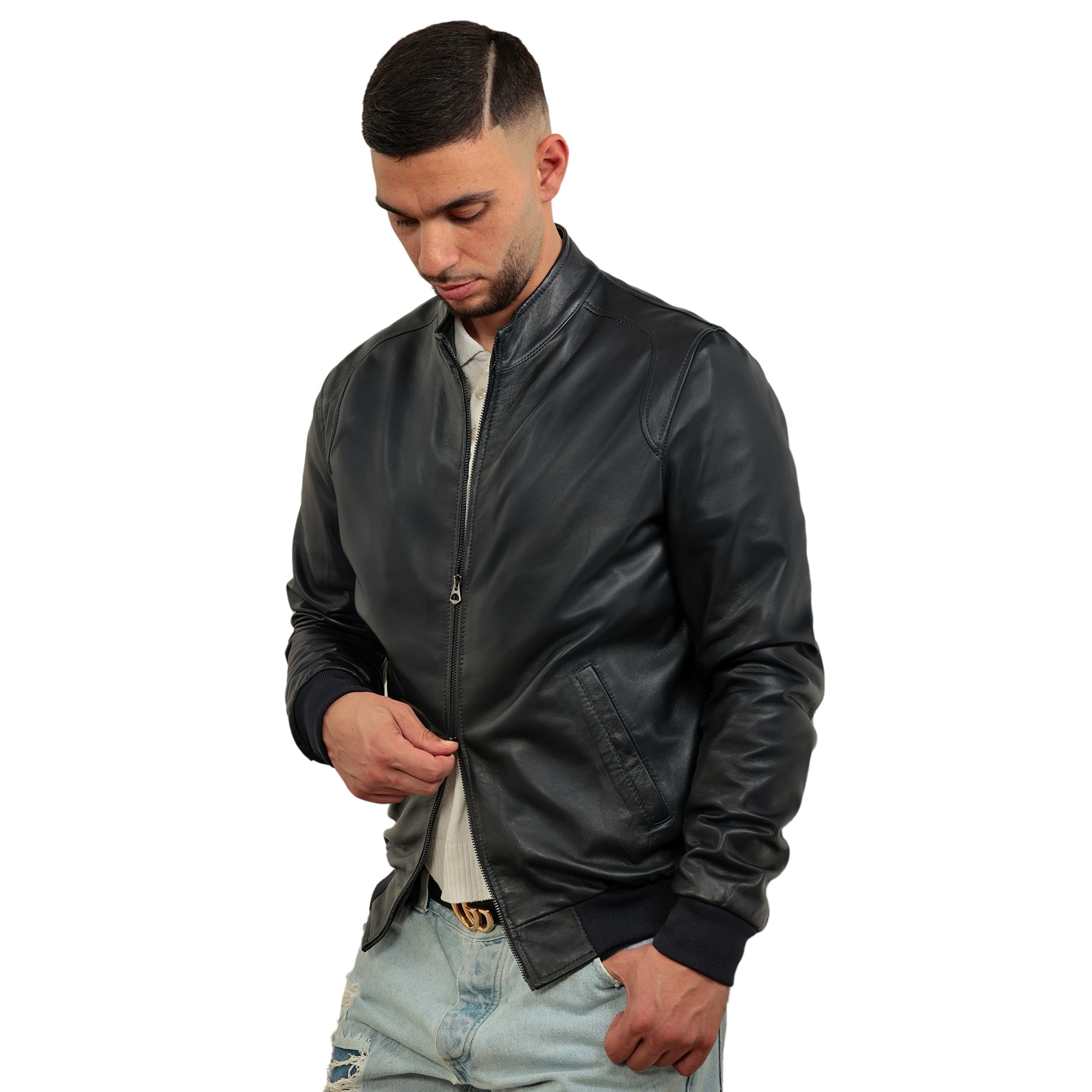 Giubbino in vera pelle di vitello foderato con trapunta invernale Blu-Slim Fit