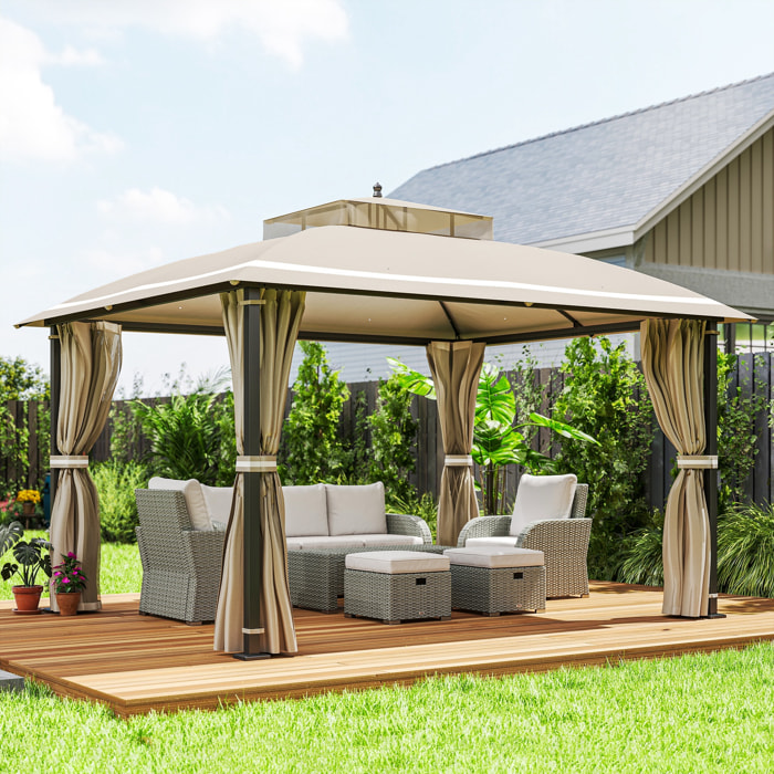 Cenador para Jardín 3,7x3 m Pérgola de Jardín Gazebo con Doble Techo Paredes Laterales Mosquiteras Resistente al Agua Anti-UV Carpa para Exterior Terraza Patio Beige