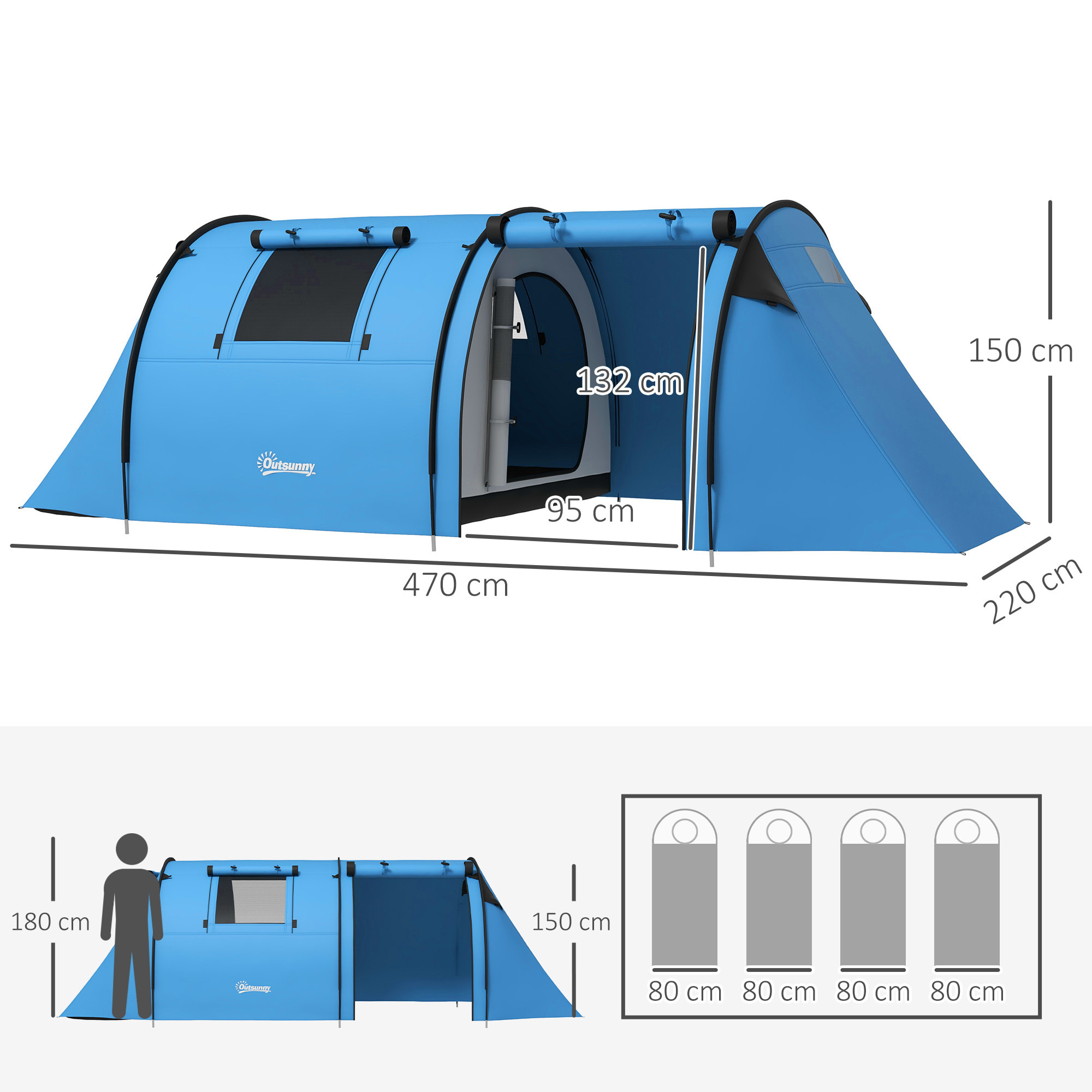 Tienda de Campaña Familiar para 3 Personas Tienda Camping Plegable Ligera con Puertas Ventallas Gancho Bolsa de Transporte Impermeable 3000 mm para Playa Senderismo 470x220x150cm Azul Celeste
