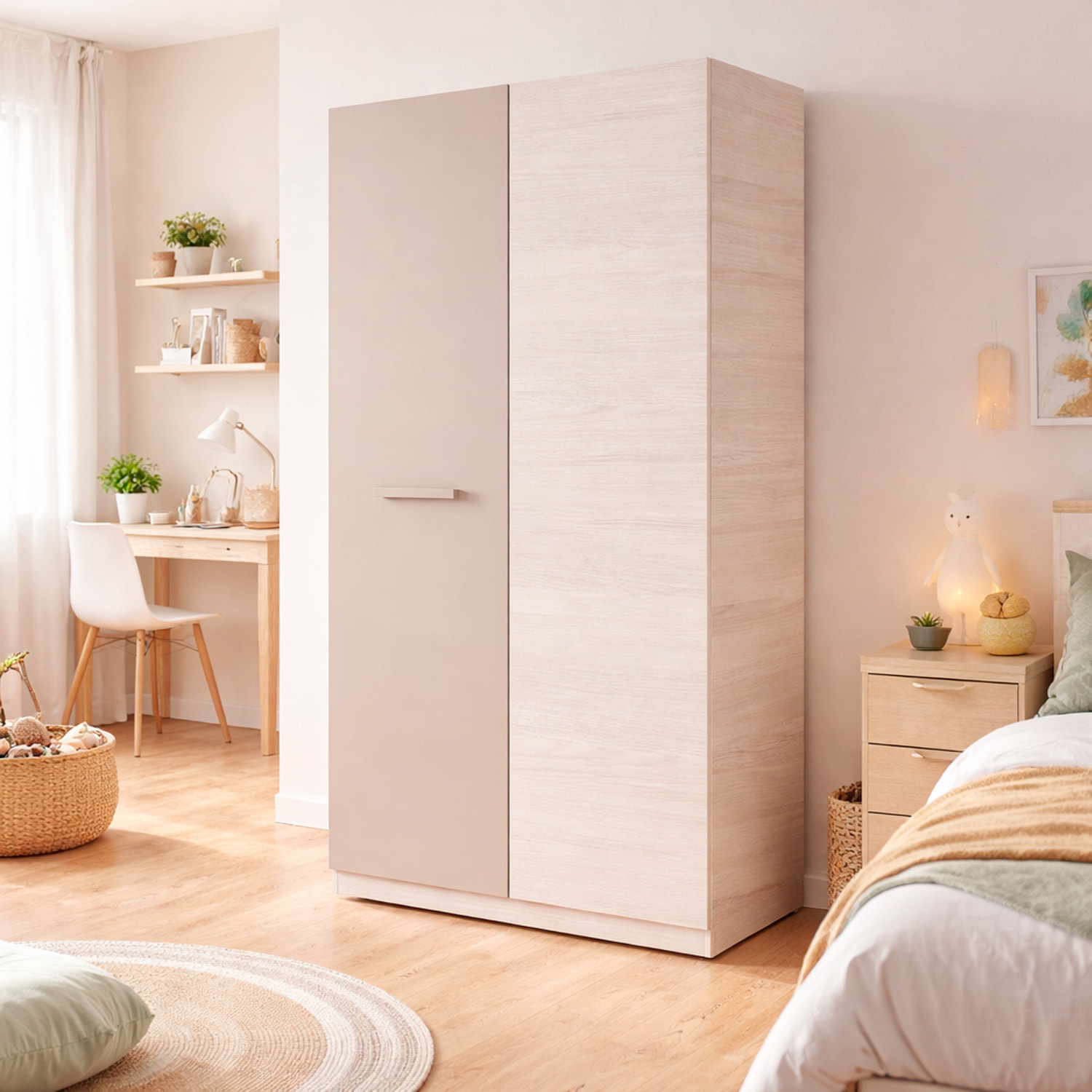 Armadio 2 Ante Battenti Barra Appendiabiti E 4 Scomparti Design Moderno Minimal Giovanile Per Cameretta 90 x 200 x 52 Cm Colore Beige E Rovere