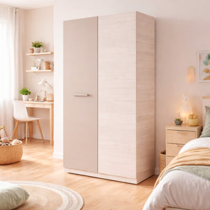 Armadio 2 Ante Battenti Barra Appendiabiti E 4 Scomparti Design Moderno Minimal Giovanile Per Cameretta 90 x 200 x 52 Cm Colore Beige E Rovere