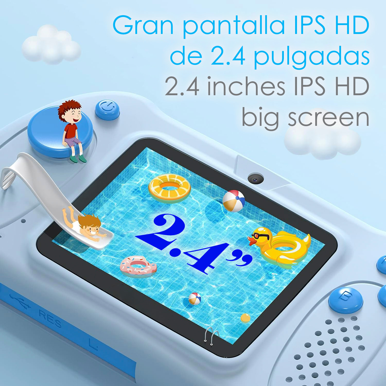 DAM Cámara de fotos y video infantil con juegos incorporados. Cámara dual, 48mpx y videoFull HD. Pantalla de 2,4 pulgadas. 12,5x3,5x7,5 Cm. Color: Rosa