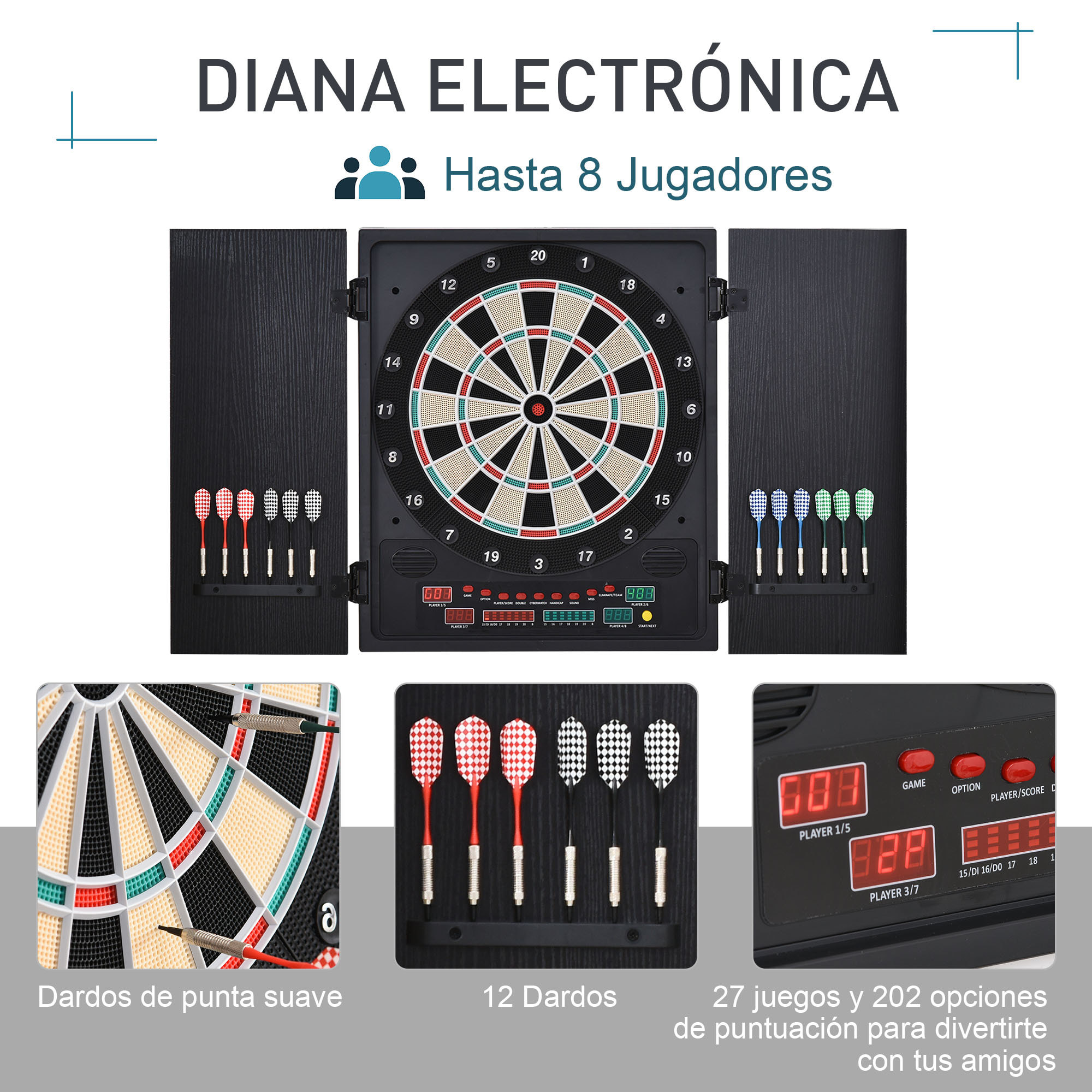 Diana Electrónica Digital hasta 8 Jugadores con 12 Dardos y 30 Puntas con Pantalla LED Puertas 27 Juegos Distintos y 202 Variantes 51x6,5x57 cm Negro