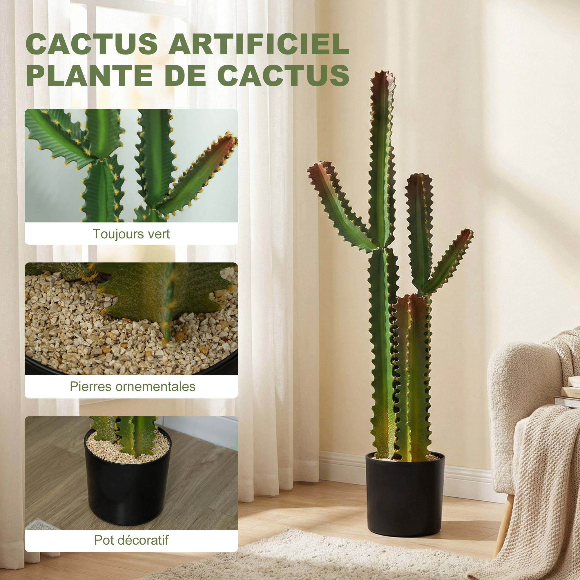 Cactus artificiel grand réalisme plante artificielle grande taille H.111cm vert