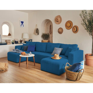 Topaze - canapé panoramique en U - 7 places - convertible avec coffre - en velours côtelé - Bleu Ardoise