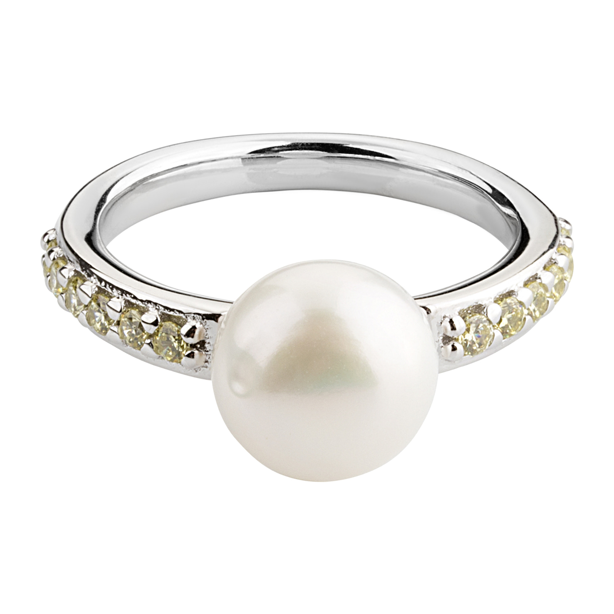 PERLAVIVA - Anello Solitario in Argento 925 placcato Oro Bianco 18Kt con Cubic Zirconia Gialle e Perla Bianca d'Acqua Dolce Ø 9 mm