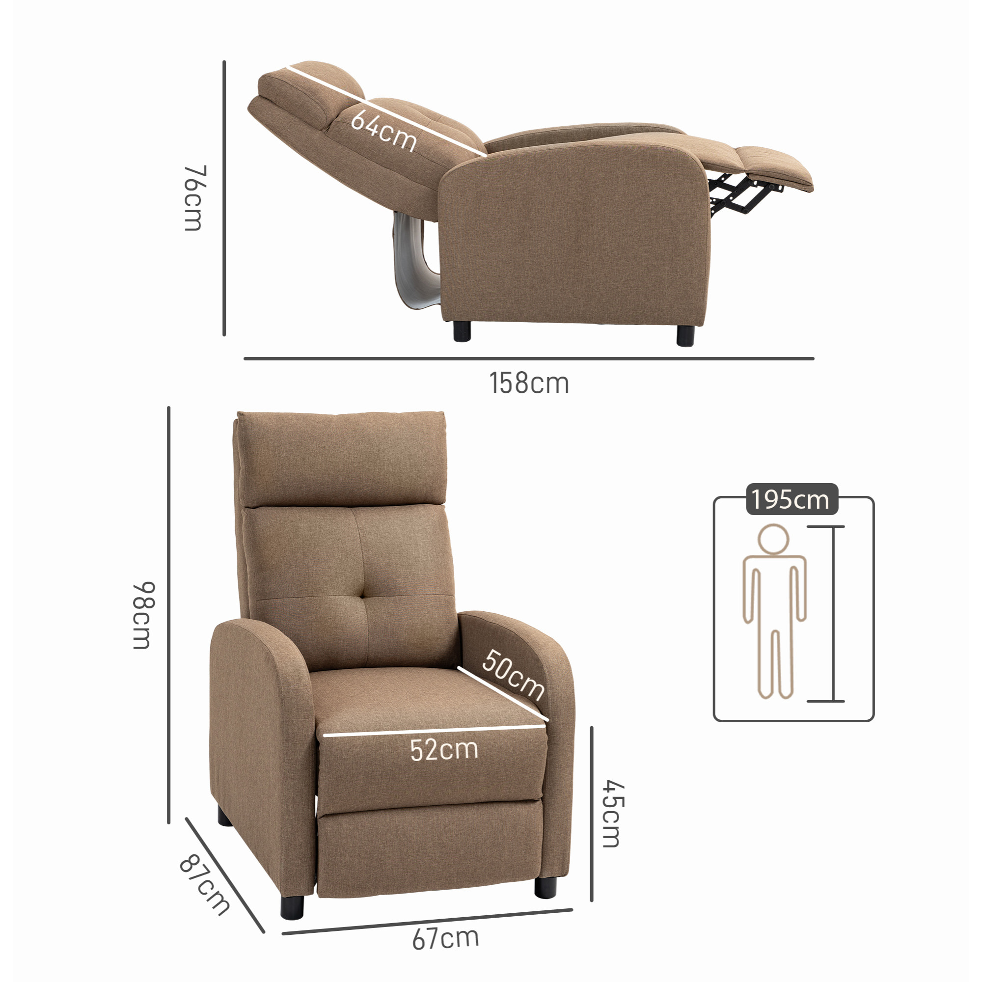 Sillón Relax Reclinable Manual Sillón Reclinable para Salón Tapizado en Tela con Reposapiés Respaldo Alto Carga 150 kg para Dormitorio Oficina Marrón