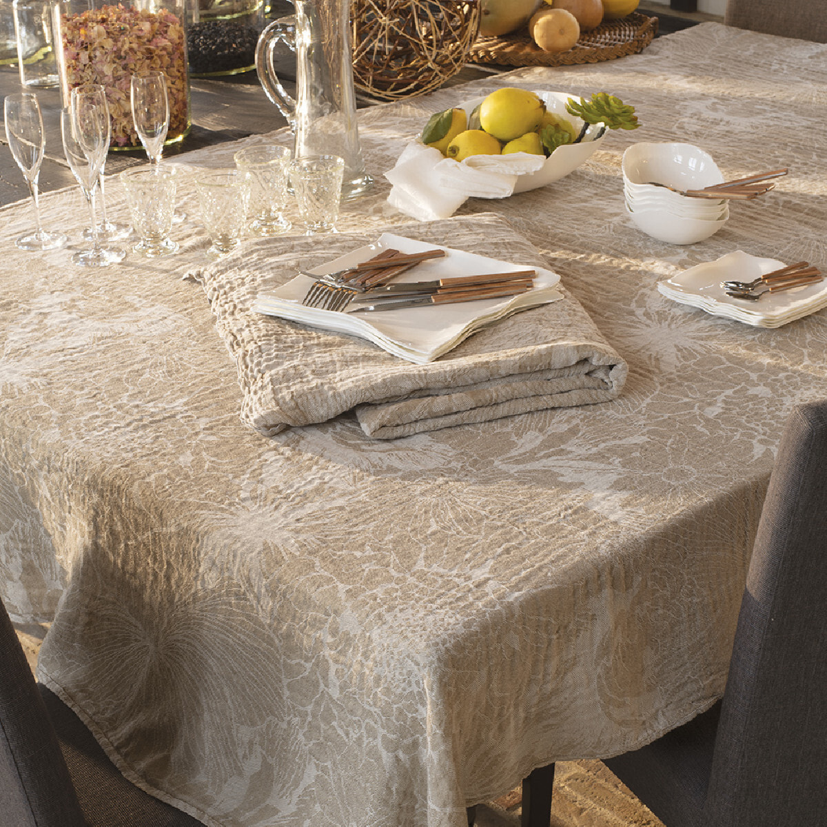 Serviette lin & coton lavé motif jacquard beige Mille bloom naturel