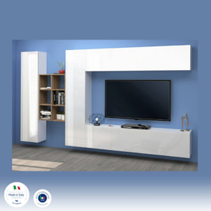 Parete attrezzata Danilo, Set salotto porta TV a 4 ante, Mobile soggiorno multiuso, 100% Made in Italy, cm 280x30h180, Bianco lucido e Acero